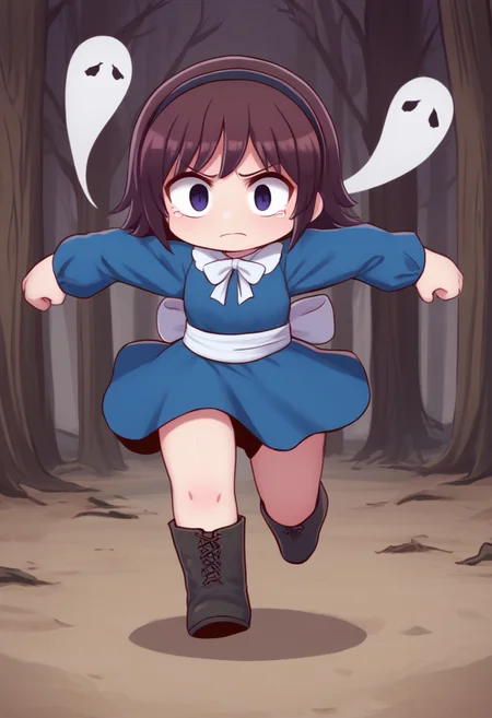 score_9, score_8_up, score_7_up, score_6_up, score_5_up, score_4_up, BREAK,
1girl, solo, chibi, running, (fleeing, scared:1.3), arms up, facing viewer, blue dress, waist bow, boots, hairband, long sleeves, BREAK,
ghosts, ghost tail, dark forest, spooky, dead trees,