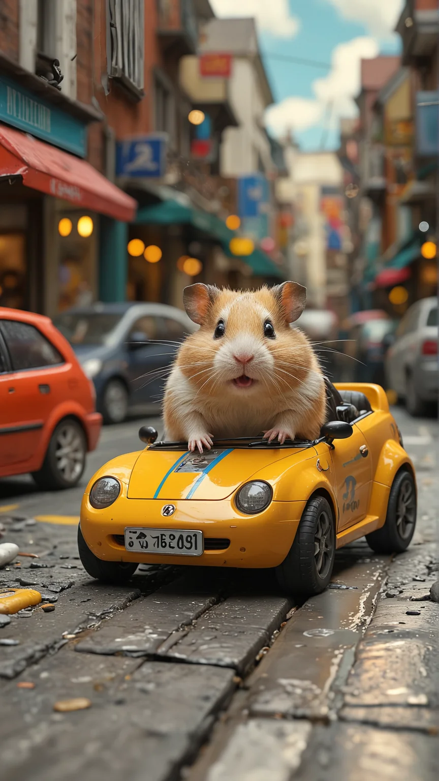 Giant hamster in a toy car, zooming through a busy street (masterpiece, award winning artwork)
many details, extreme detailed, full of details,
Wide range of colors, high Dynamic
<lora:add-detail-xl:1>
<lora:WildcardX-XL-Detail-Enhancer:1>
<lora:MJ52:0.375>
<lora:CinematicStyle_v1:0.42>
