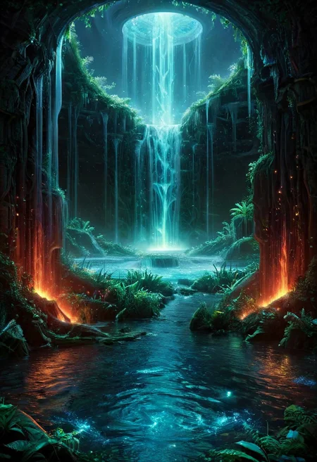 Amidst a mystical realm where ethereal flames dance, a celestial villain stands, their god-like aura emanating from glowing, intricate armor. This fiery dominion, inspired by the art of H.R. Giger, Alex Grey, and John Harris, is alive with swirling embers and cosmic energy.
In stark contrast, a tranquil summer scene unfolds where a majestic waterfall tumbles into a crystalline pool, embraced by lush flora. The sky above is a canvas of azure punctuated by playful clouds, with sunlight shimmering upon the water’s surface, crafting a serene tableau that whispers of nature’s untouched splendor.
art by Christopher Balaskas, 
aliens, alien-worlds, digital, eeriness, futuristic, landscapes, outer-space, science-fiction, vibrant, 
concept-art, fantasy, epic, majestic, magical, dreamy, perspective, light and shadow, moody, epic, 
beautiful, painterly, aesthetic, textural, vivid, vibrant, intricate details, highly detailed, ultra-detailed, absurdres, 
ais-blmn, gl0w, glow
alienworld