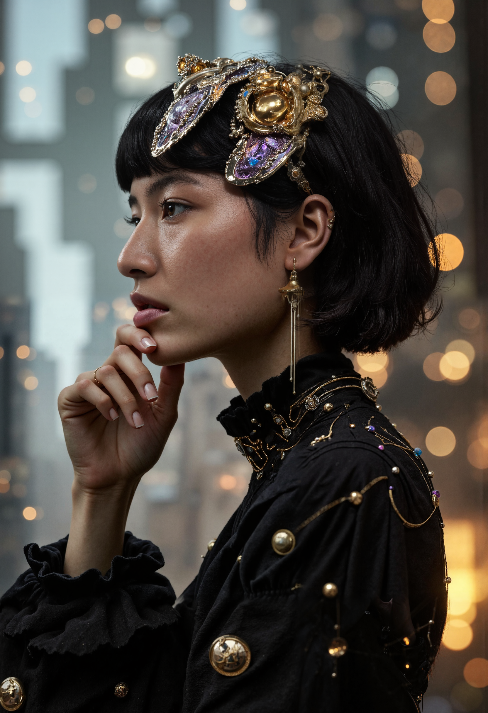 A photorealistic, cyberpunk, vintage space-age portrait of a woman in profile, her head turned to the right, gazing away with a contemplative expression. Her short, blunt black hair is partially obscured by an intricate, metallic headpiece that combines sleek futuristic design with vintage elegance. The headpiece is highly detailed, featuring glowing gold, silver, and purple accents, reflecting ambient light with a bioluminescent glow. The woman's youthful, pale complexion is contrasted by her rosy cheeks and delicate pink lips, giving her a soft yet striking appearance. A single piercing in her upper ear holds a long, thin golden earring with intricate, dangling tassels that shimmer subtly in the low light.  She wears a high-collared, black garment with voluminous sleeves, enhanced with glowing golden circuitry that runs through the fabric like veins, blending fashion with advanced technology. Her right hand gently touches her chin, while her left hand rests near her waist, creating a poised and thoughtful posture. The background is a complex, abstract composition of geometric shapes, inspired by a bustling, futuristic cityscape bathed in a warm palette of golds, blues, and oranges. Soft neon lights and holographic displays hover in the distance, their light diffused to create a serene atmosphere, while soft shadows accentuate the woman's facial features and the intricate textures of her attire. The shallow depth of field draws attention to the woman's face and the iridescent sheen of her headpiece and clothing, blending the aesthetic of a technologically advanced world with the vintage elegance of a space-age society. The overall scene evokes a sense of quiet contemplation amidst the vibrant energy of a cyberpunk future, inviting the viewer to reflect on her story and the futuristic world she inhabits.