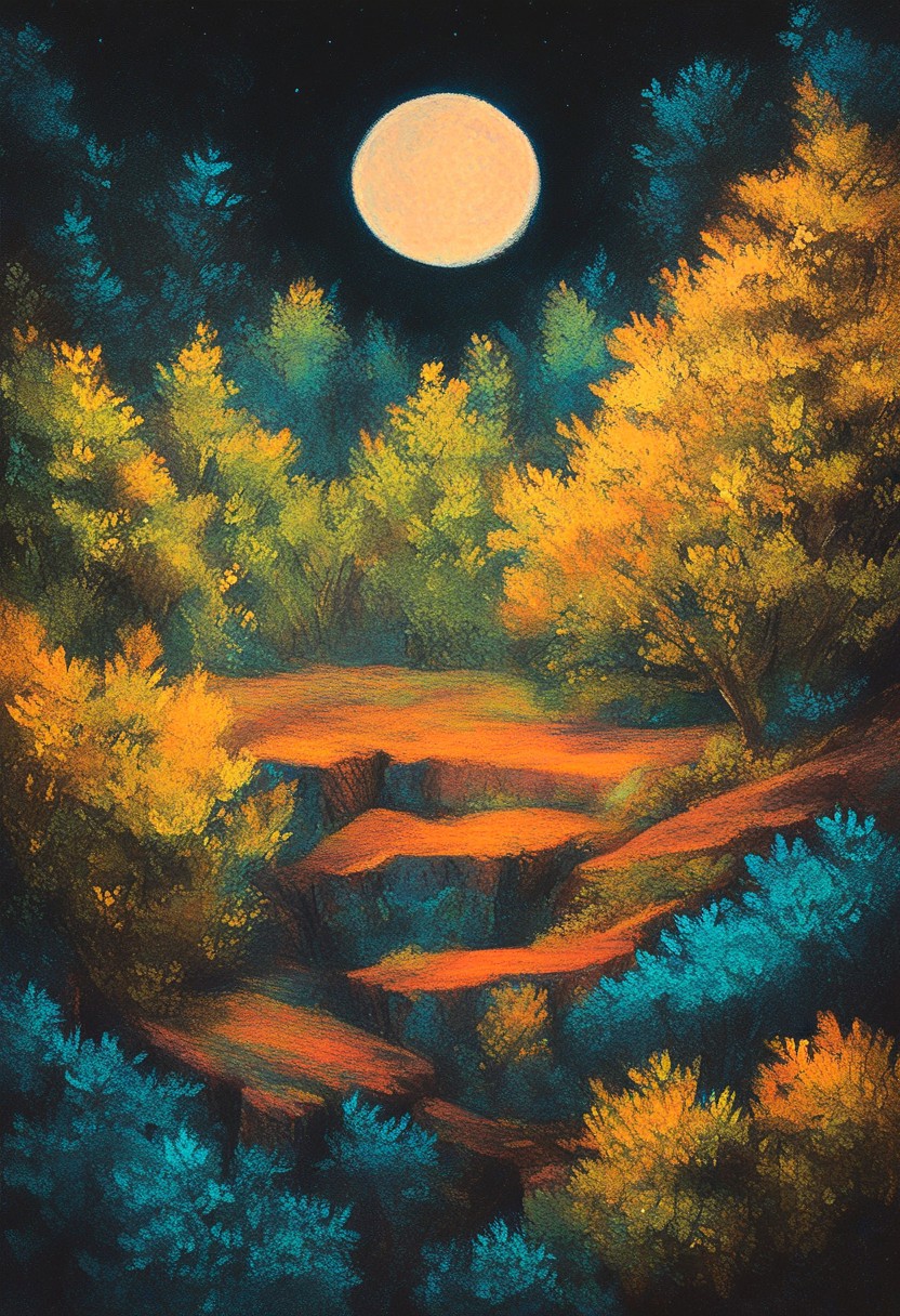 ncpy13 style, pastels drawing <lora:ncpy13 style:1>, score_9, score_8_up, score_7_up,  wolves looking at a full moon on a cliff at night near a forest