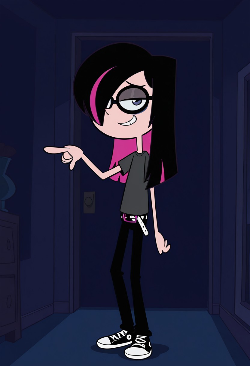 Hhriblestyle, pointing at viewer, looking at viewer, smile, dark lighting, dark room, long black hair, hair over eye, singular pink hair streak, dark grey shirt, black pants, emo belt, converse shoes,, glasses, dark eyeliner, 1 girl, solo