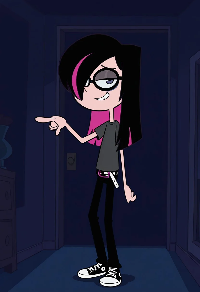 Hhriblestyle, pointing at viewer, looking at viewer, smile, dark lighting, dark room, long black hair, hair over eye, singular pink hair streak, dark grey shirt, black pants, emo belt, converse shoes,, glasses, dark eyeliner, 1 girl, solo