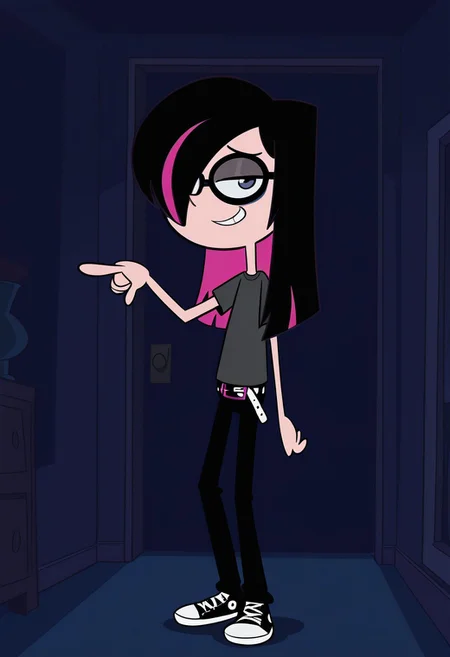 Hhriblestyle, pointing at viewer, looking at viewer, smile, dark lighting, dark room, long black hair, hair over eye, singular pink hair streak, dark grey shirt, black pants, emo belt, converse shoes,, glasses, dark eyeliner, 1 girl, solo