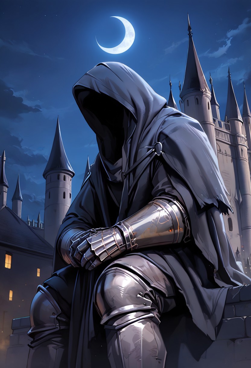 score_9, score_8_up, score_7_up,nazgul,1 male,hood up,faceless,black robe,gauntlet, steel boots,at castle, at night , moon light,sitting