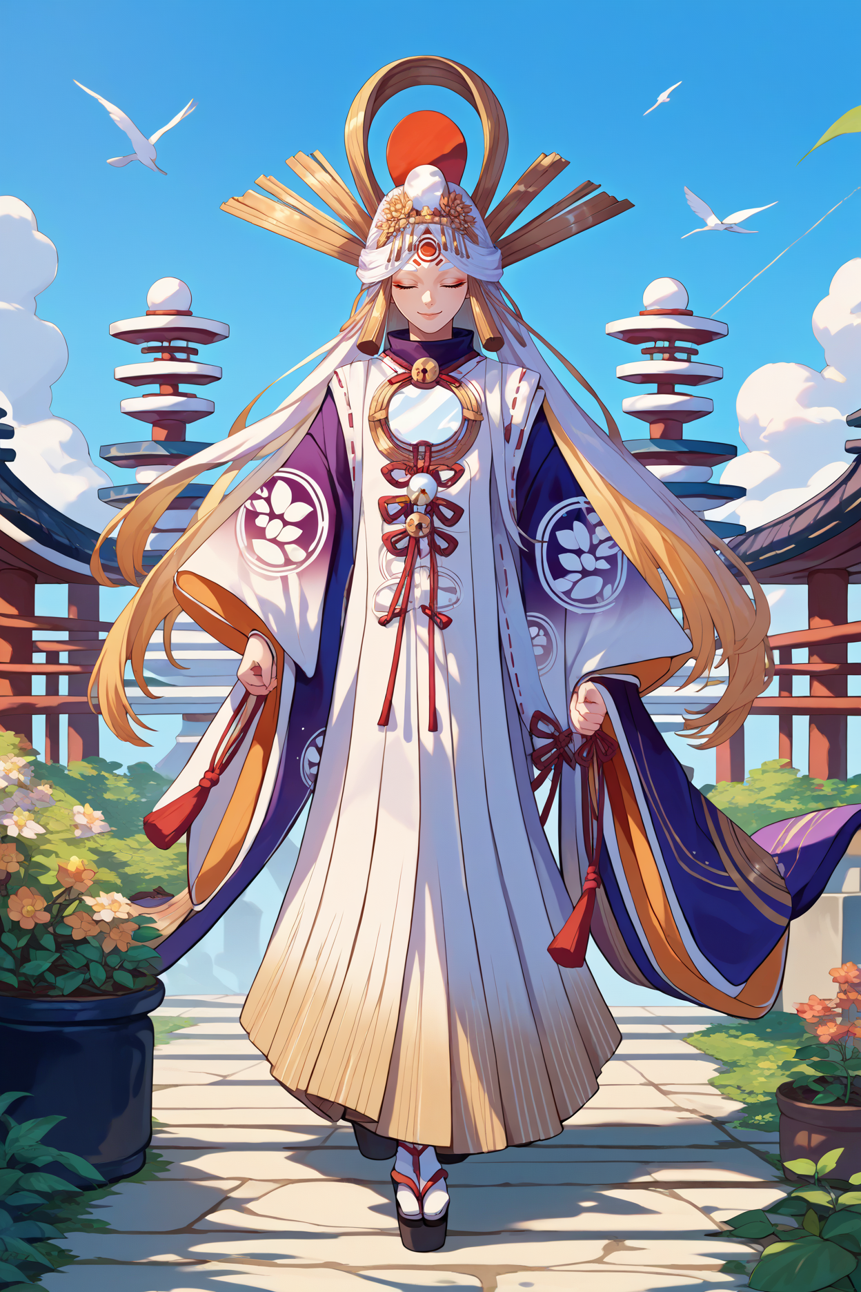 score_9, score_8_up, score_7_up, score_6_up, source_anime, 1girl, solo,  <lora:miketsu-pdxl-nvwls-v1-000005:1> divmiketsu, white hair, makeup, headdress, hair ornament, japanese clothes, white dress, wide sleeves, blue sky, japanese architecture, full body, closed eyes, smile, walking, garden