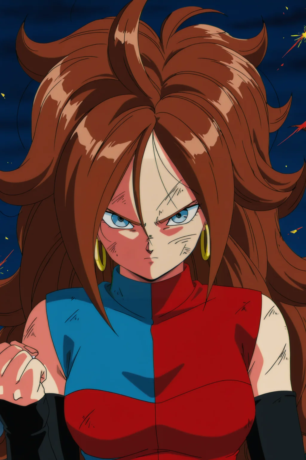 anime screencap, absurdres, high quality, 1990s \(style\), anime coloring, retro artstyle,
android 21, human, 1990s \(style\), anime coloring, retro artstyle, 1girl, solo, long hair, breasts, looking at viewer, curly hair, brown hair, blue eyes, serious, frown, hoop earrings, short dress, checkered clothes, checkered dress, bare shoulders, detached sleeves, black sleeves, glass shards, v-shaped eyebrows, upper body, clenched hand, outdoors, night, smoke, scratches, dirty face, closed mouth, red and blue checkered dress, red hue, sparks,
<lora:Android_21_IL:0.8>