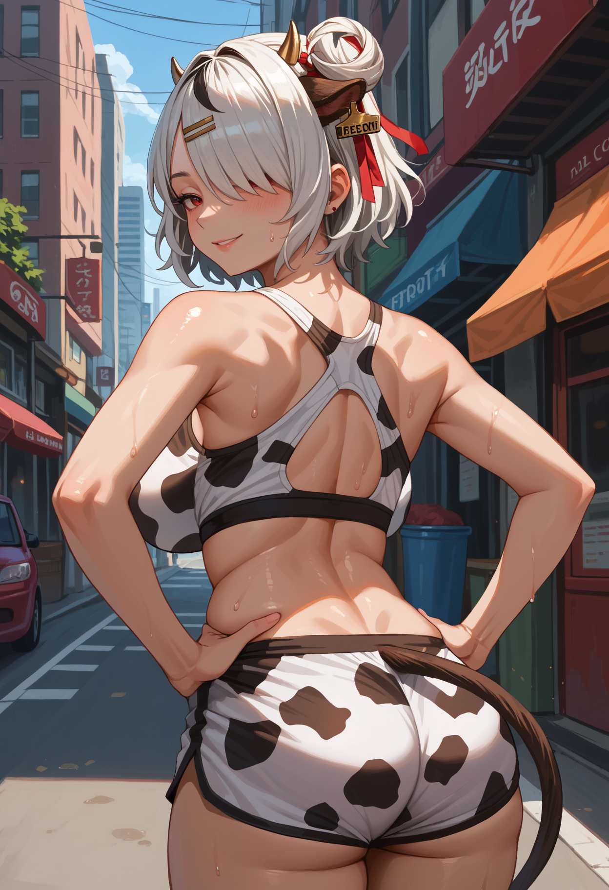 score_9,score_8_up,score_7_up,detailed,1girl,jelomrta,oiled body,huge breasts,city street,from behind,sweat,hands on own hips,white hair,streaked hair,black hair,hair intakes,double bun,hair over one eye,short hair,hair ribbon,hairclip,red eyes,mole under eye,cow horns,cow ears,ear tag,sports bra,shorts,cow print,cow tail,looking back,seductive smile,<lora:Marota-JeloXL-000007:1>,