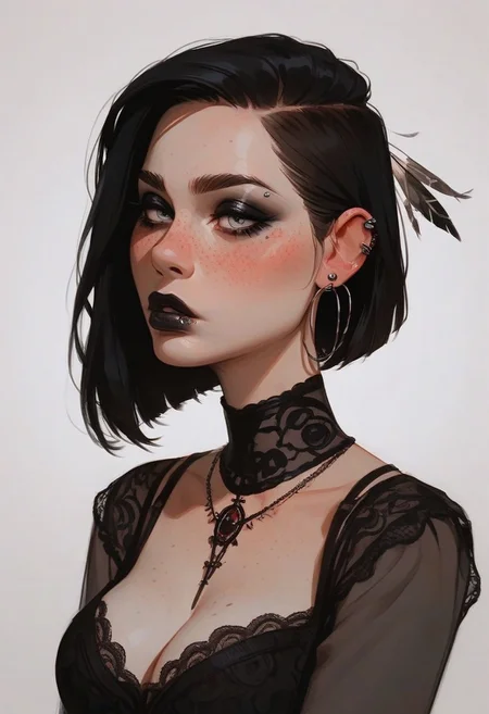 score_9, score_8_up, score_8_up, easynegative, Expressiveh, portrait, close-up, focus on face, 1girl, beautiful, flawless, perfect face, (goth girl, lace outfit, low cut silk blouse), (slut outfit, hair feather, septum hoop piercing, black hair, freckles, blushing, lipgloss), large natural breasts, AS-YoungestV2:2, best quality, thick