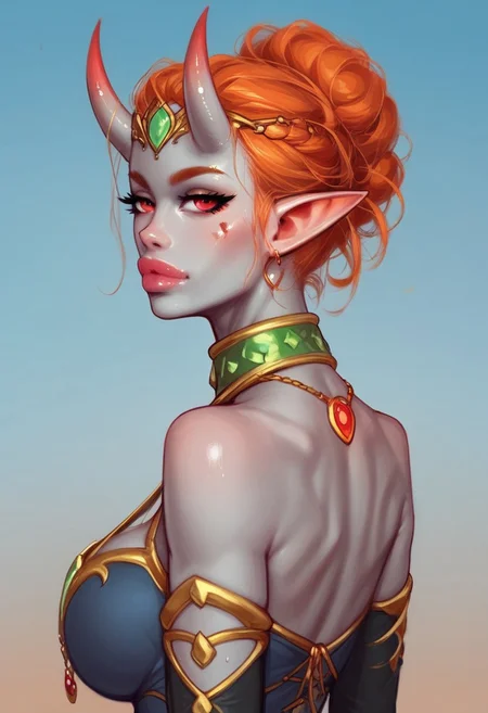 1girl, (((back view))), from front, solo, illustration, comic style, highly detailed, skinny, model body, looking at viewer, masterpiece, best quality,
((fayenchantress, mizora, mizora \(baldurs gate\), mizora \(bg cambion\), 1girl, ashen grey skin, ginger hair, standing, demon girl, looking at viewer, ((grey demon oni horns)), solo, pointy ears, red eyes, demon wings, necklace, dark blue dress, deep cleavage to the waist, full black sleeves, <lora:Mizora_Baldurs_Gate_Cambion_PONY_XL_by_UOC:1.8>))
(young beauty, fit body:1.3), dynamic pose,
BREAK
(((ruined city, blue sky:1.6)))) score_9, score_8_up, score_7_up, score_6_up, source_cartoon, rating_explicit, Expressiveh, ((((upper body))))), dynamic pose