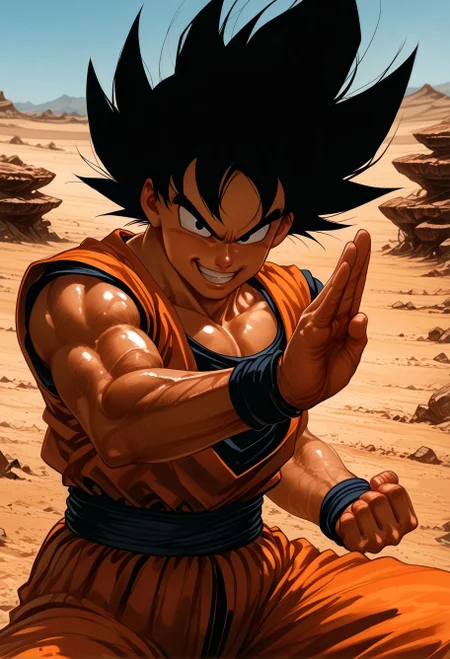 Smooth_Quality, 1boy, goku, happy, grin, fighting stance, martial arts, orange clothes, outdoors, desert, rock formations, dynamic angle, cowboy shot, <lora:Mature_Comics_Style_-_NoobAI:1>