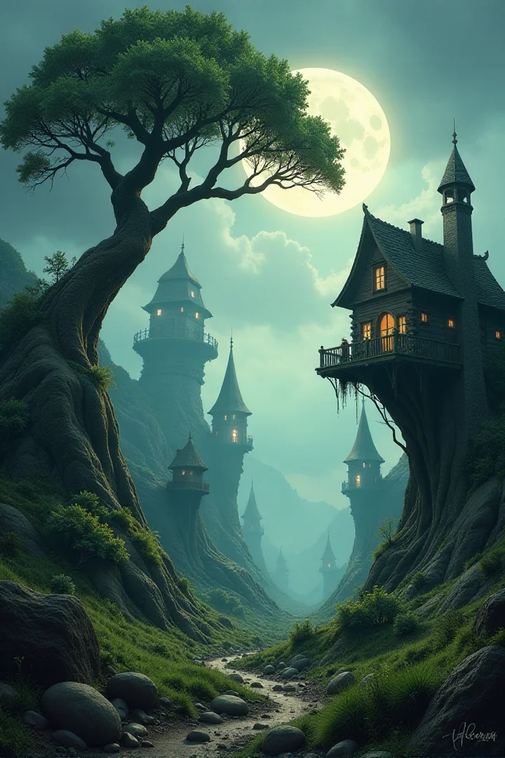 whimsical dark fantasy landscape
Design a twisted, otherworldly landscape with warped trees, floating houses, or swirling mist. Imagine a dreamlike city where everything tilts at odd angles, full of hidden details and eerie charm.âââ