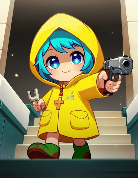 score_9,score_8,score_7_and_up,anime,anime screencap,
indoors,<lora:luce-PD-1.0:0.9>,1girl,child,luce,yellow raincoat,hood,hood up,(walking stick:1.1),
(shaded face:1.1),smile,<lora:Pony_Weapon_Pistol_-_By_HailoKnight:0.9>,(aiming pistol:1.2),cathedral,looking at viewer,(Low Angle View:1.1),aiming pistol against the camera,from_below,front view,