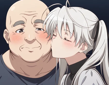 masterpiece, best quality, amazing quality,, <lora:sora-kasugano-s1-ponyxl-lora-nochekaiser:1>, sora kasugano, ahoge, black eyes, hair between eyes, hair ribbon, long hair, twintails, black ribbon, white hair, mature female, small breasts, anime screencap, <lora:kissing-cheek-illustriousxl-lora-nochekaiser:1>, kissing cheek, closed eyes, hetero, couple, kiss, one eye closed, blush, straight-on,, <lora:faceless-ugly-man-illustriousxl-lora-nochekaiser:1>, faceless ugly man, faceless, ugly man, fat, faceless male, fat, bald, mature male,,
