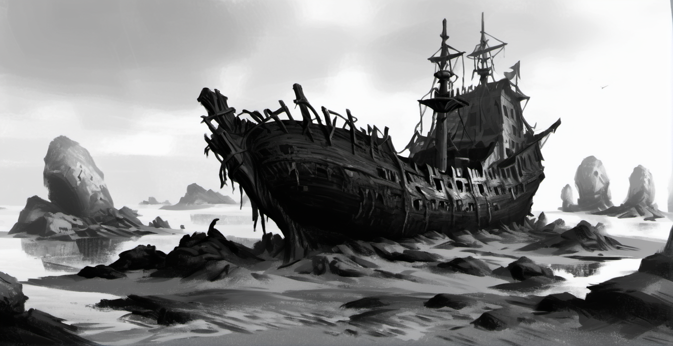 Pirate Shipwreck: Decaying, barnacle-covered hull, buried chest, sunken riches, ghostly pirates, seaweed masts., color <lora:XLPUNK_0.3_RC:0.85>