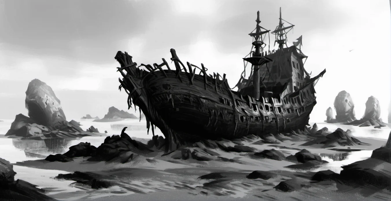 Pirate Shipwreck: Decaying, barnacle-covered hull, buried chest, sunken riches, ghostly pirates, seaweed masts., color <lora:XLPUNK_0.3_RC:0.85>