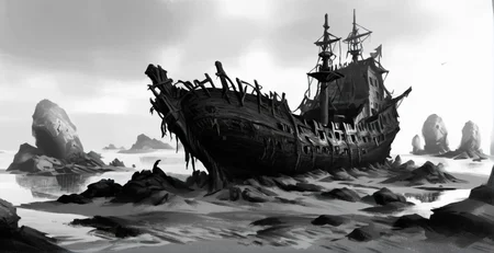 Pirate Shipwreck: Decaying, barnacle-covered hull, buried chest, sunken riches, ghostly pirates, seaweed masts., color <lora:XLPUNK_0.3_RC:0.85>