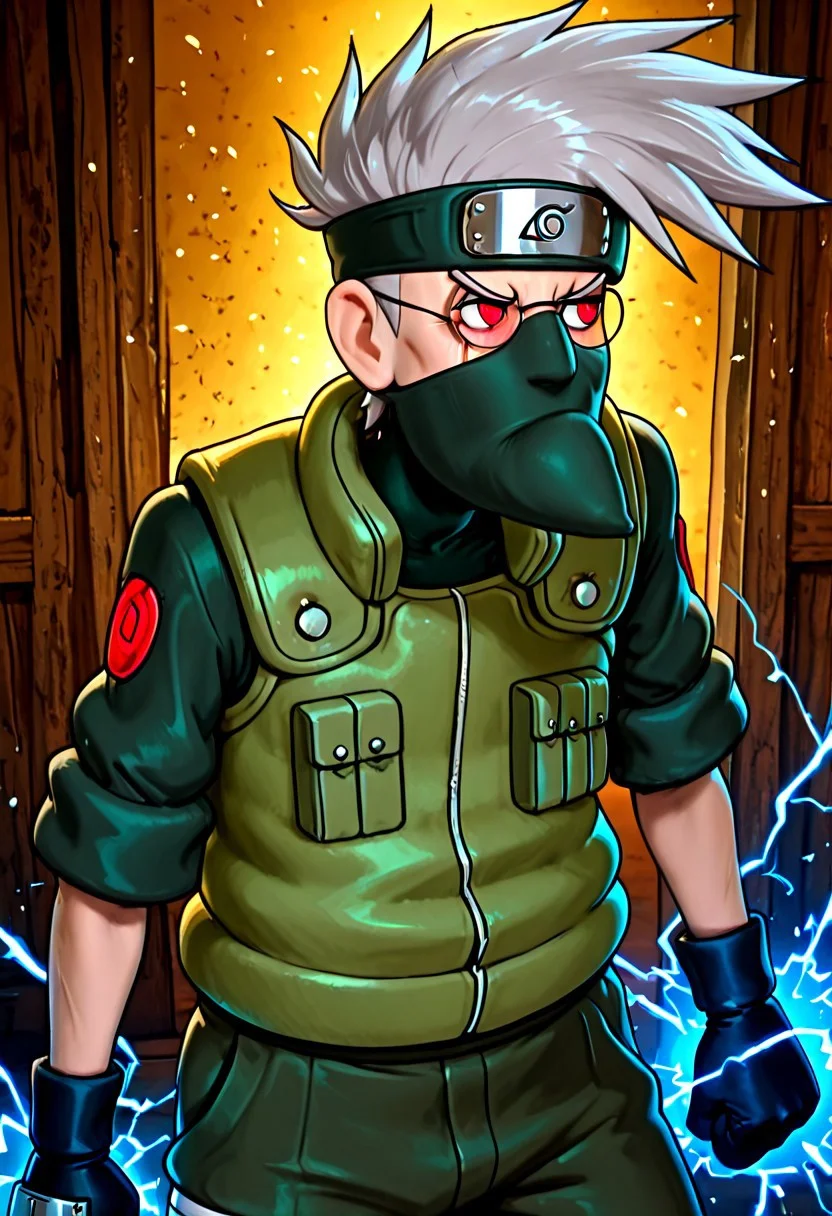 Masterpiece, absurdres, best quality, highly detailed, 1boy, solo, Eustace, Bagge, pointy chin, glasses, grumpy expression,, , kakashi clothing, grey hair, covered mouth, mouth mask, red eye, scar across eye, forehead protector, gloves, konohagakure symbol, green vest, pants, chidori, electricity, electrokinesis, energy