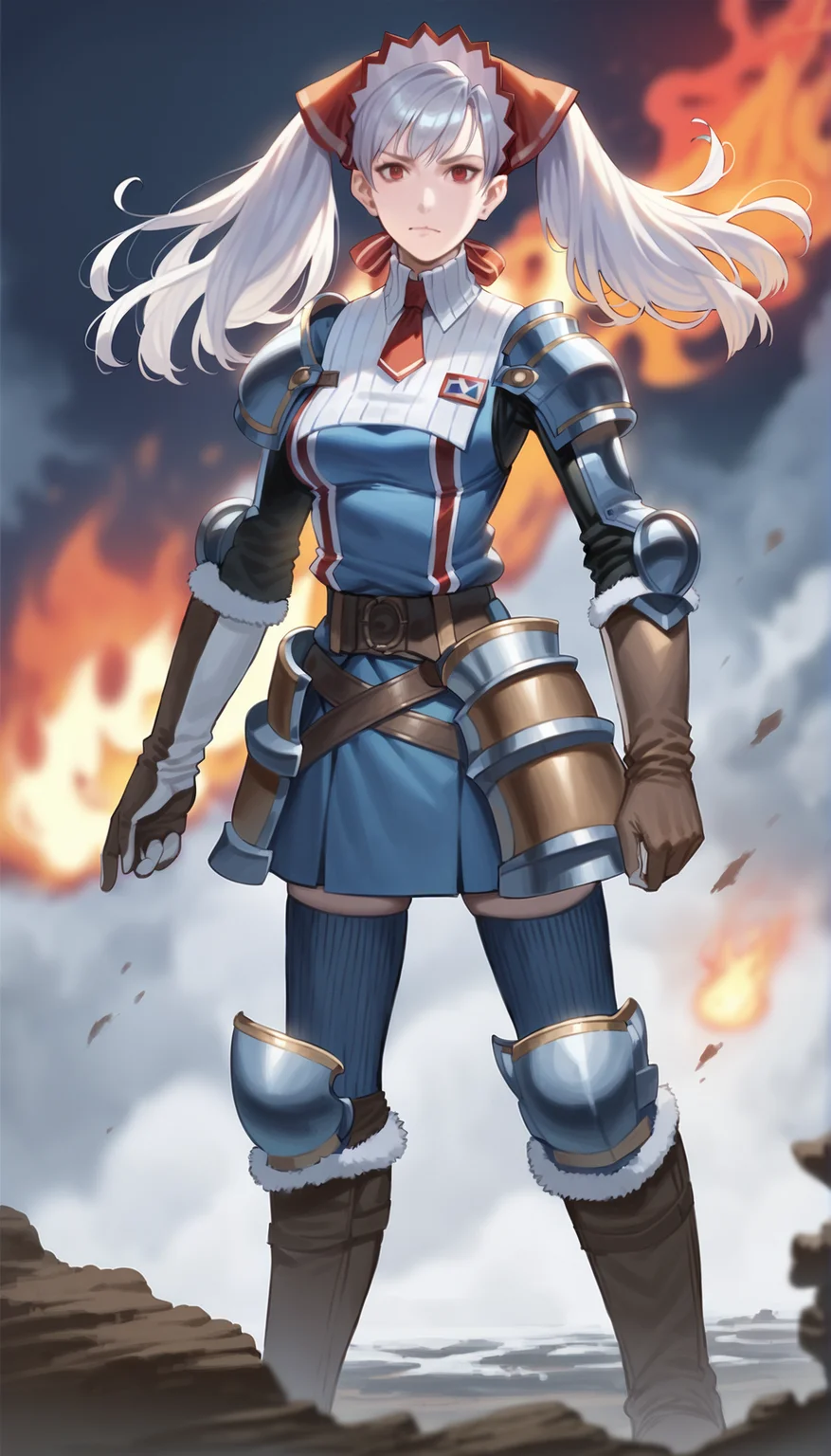 score_9,score_8_up,score_7_up,
realistic,highly detailed,
<lora:aliciamelchiott:0.9>,aliciamelchiott,1girl,solo,
awakened valkyria,in game style,white hair,twintails,red eyes,headdress,military uniform,white collar,red necktie,armor,brown gloves with fur trim,brown belt,dark blue skirt,dark blue thighhighs,knee boots with fur trim,full body,
final flame,(blue flame:1.1),battle ground,dark,vignetting,blurry background,