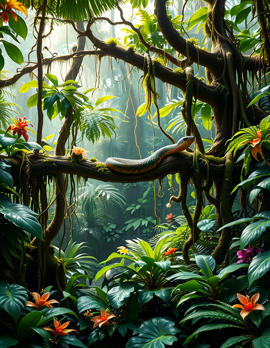 A dense and vibrant jungle,jungl3, captured in a realistic photographic style, with lush green foliage of various tropical plants, tall trees covered in moss and vines, and sunlight filtering softly through the canopy above. The atmosphere feels humid and alive, with small details such as ferns, orchids, and a scattering of tropical flowers in shades of red, yellow, and purple. A narrow, winding dirt path cuts through the undergrowth, partially hidden by fallen leaves and roots. The scene feels immersive and serene, with subtle mist lingering in the distance, enhancing the sense of depth and mystery. The overall lighting is natural, with dappled sunlight creating dynamic shadows on the ground and the surrounding plants.
<lora:jungl3:1><lora:SDXLFaeTastic2400:0.4> <lora:extremely_detailed:0.4> extremely detailed, Masterpiece,best quality,hi res,8k,hi res,8k,award winning,(sharp focus, intricate, highly detailed),