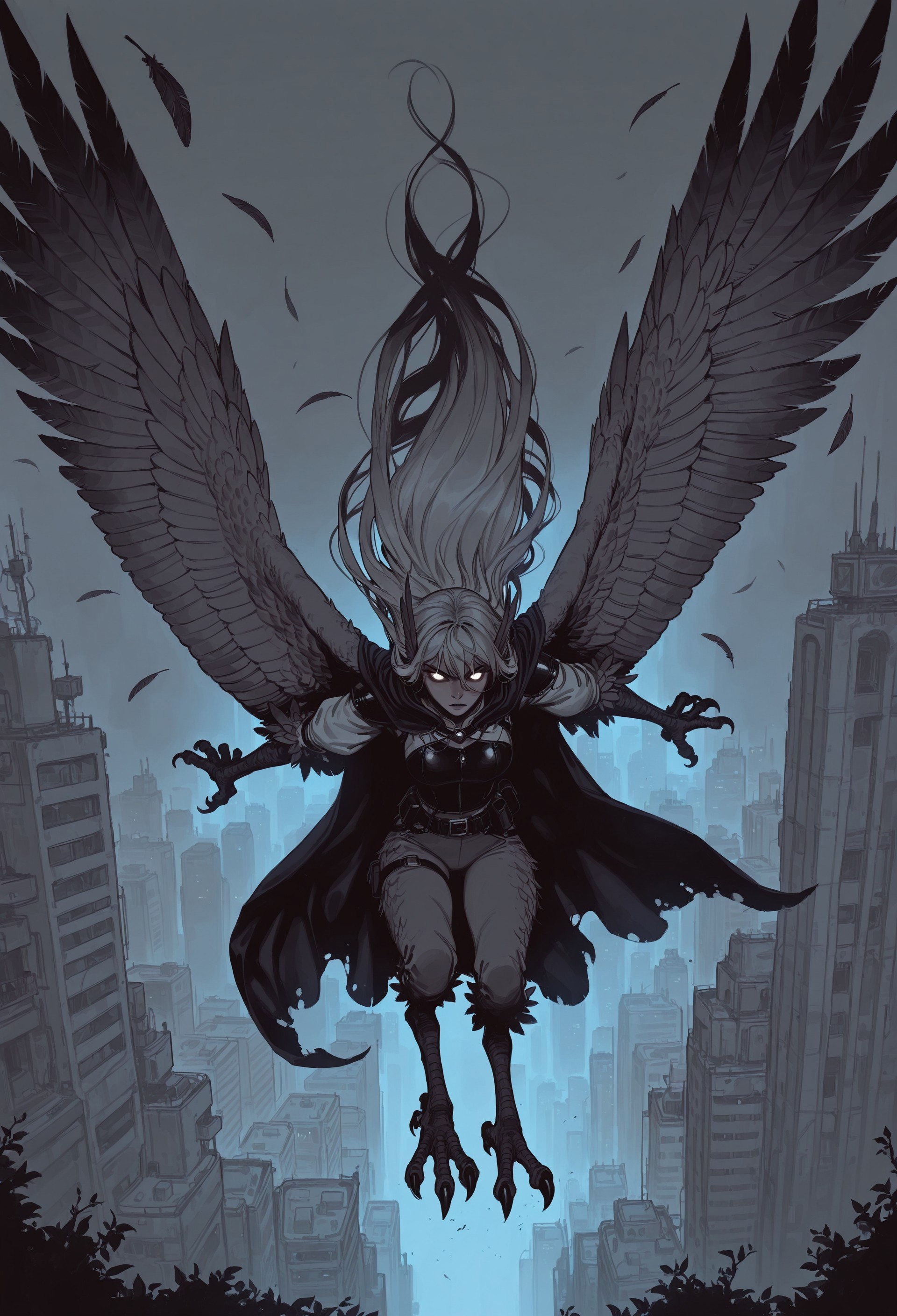 score_9, score_8_up, score_7_up, masterpiece, best quality, very aesthetic, 1girl, detailed face, (dynamic:1), incoth, (incase:0.6), harpy, long hair, cape, wings, talons, swooping in, city, badass, full body, dark, arms, hands, glowing eyes