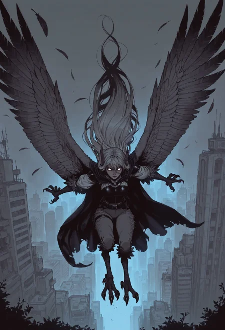 score_9, score_8_up, score_7_up, masterpiece, best quality, very aesthetic, 1girl, detailed face, (dynamic:1), incoth, (incase:0.6), harpy, long hair, cape, wings, talons, swooping in, city, badass, full body, dark, arms, hands, glowing eyes