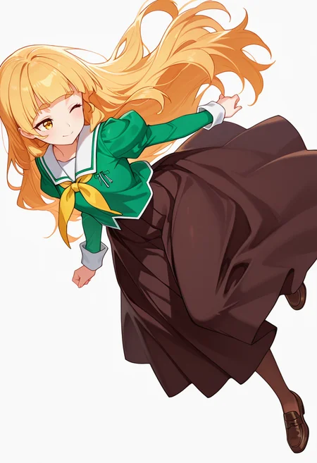 masterpiece,high quality details,absurdres, 
<lora:Shiraki_Hime:0.8>
hime_cnr, 1girl, blonde hair, very long hair, yellow eyes, blunt bangs, thick eyebrows,
hime_s1,green shirt, white sailor collar, serafuku,long skirt,black-brown skirt, juliet sleeves,pantyhose, loafers,, simple background, white background, dynamic angle,solo,, ;),