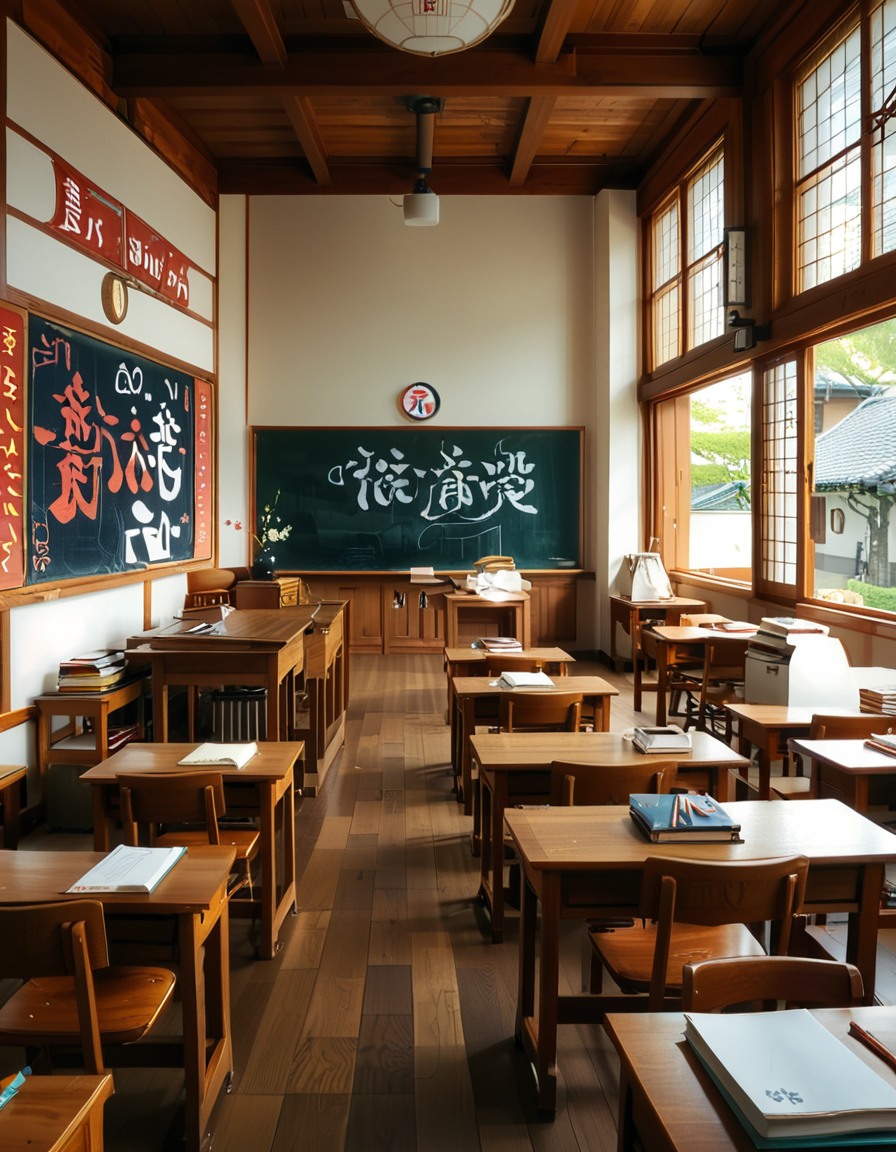 A traditional Japanese classroom during daytime, filled with wooden desks and chairs neatly arranged in rows. Large windows on one side let in natural light, showing a view of cherry blossom trees outside. The room has a chalkboard at the front with neatly written Japanese characters, and a teacher's desk with books and stationery. Educational posters with kanji and hiragana hang on the walls, alongside a clock above the board. The floor is polished wood, reflecting the soft sunlight. The atmosphere is calm and orderly, evoking a nostalgic and warm feeling. The image is highly detailed, realistic, and well-lit, capturing the traditional Japanese school environment.
<lora:SDXLFaeTastic2400:0.4> <lora:extremely_detailed:0.4> extremely detailed, <lora:Japanese_cl4ssr00m:1>,Japanese cl4ssr00m, Masterpiece,best quality,hi res,8k,hi res,8k,award winning,(sharp focus, intricate, highly detailed),