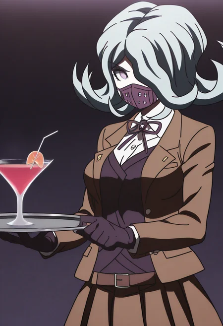 masterpiece, best quality, modern, modern anime, danganronpa_(series),<lora:Seiko_Kimura_Illustrious:1>, In the art style of Rui Komatsuzaki, artist: Rui Komatsuzaki, This anime screencap is from Danganronpa the Animation. . Seiko Kimura is wearing her despair arc Hope's Peak Academy uniform. She's wearing a brown blazer over a dark purple vest with a dark red bow at the collar. She's wearing a brown pleated skirt with a dark brown belt worn over her purple vest. She has on dark grey stockings going just above her knee and her hands are covered with dark purple gloves. Seiko is wearing her dark purple respirator mask covering her mouth and she has her shoulder length grey hair. Her hair covers her left eye. Seiko Kimura at a Halloween masquerade ball, her respirator mask decorated with intricate, glittering designs. She's holding a tray of enchanted cocktails, hoping to help the partygoers enjoy the night with her special concoctions.