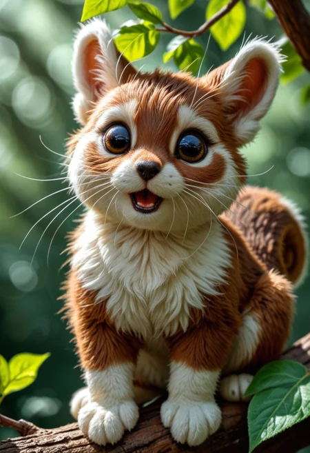 A lifelike depiction of a fantastical hybrid animal combining the most adorable features of a puppy, bunny, and squirrel. The creature is rendered with hyper-realistic detail, showcasing soft, velvety fur that transitions seamlessly from creamy whites to black and golden hues.
Its large, expressive eyes glisten with a lifelike shine, framed by delicate lashes, exuding curiosity and sweetness. The creature has floppy, bunny-like ears that fold gently around its small, rounded head, while its tiny nose and slightly open mouth reveal a playful, puppy-like demeanor. The bushy, squirrel-like tail is plush and textured, curled elegantly as it perches on a tree branch.
The environment is rich with natural detail: soft sunlight filters through leaves, illuminating the creature’s fur, while the bark of the tree and surrounding wildflowers add to the realism. Every detail, from the fine whiskers to the faint shimmer in its fur, contributes to a heartwarming and magical scene, blending fantasy with photorealism.
Keywords/Tags: Hyper-Realistic, Hybrid Animal, Puppy-Bunny-Squirrel, Adorable, Fluffy, Photorealism, Nature, Whimsical, Magical Creature, Realistic Fantasy, Innocent and Playful. cutelittleanimals