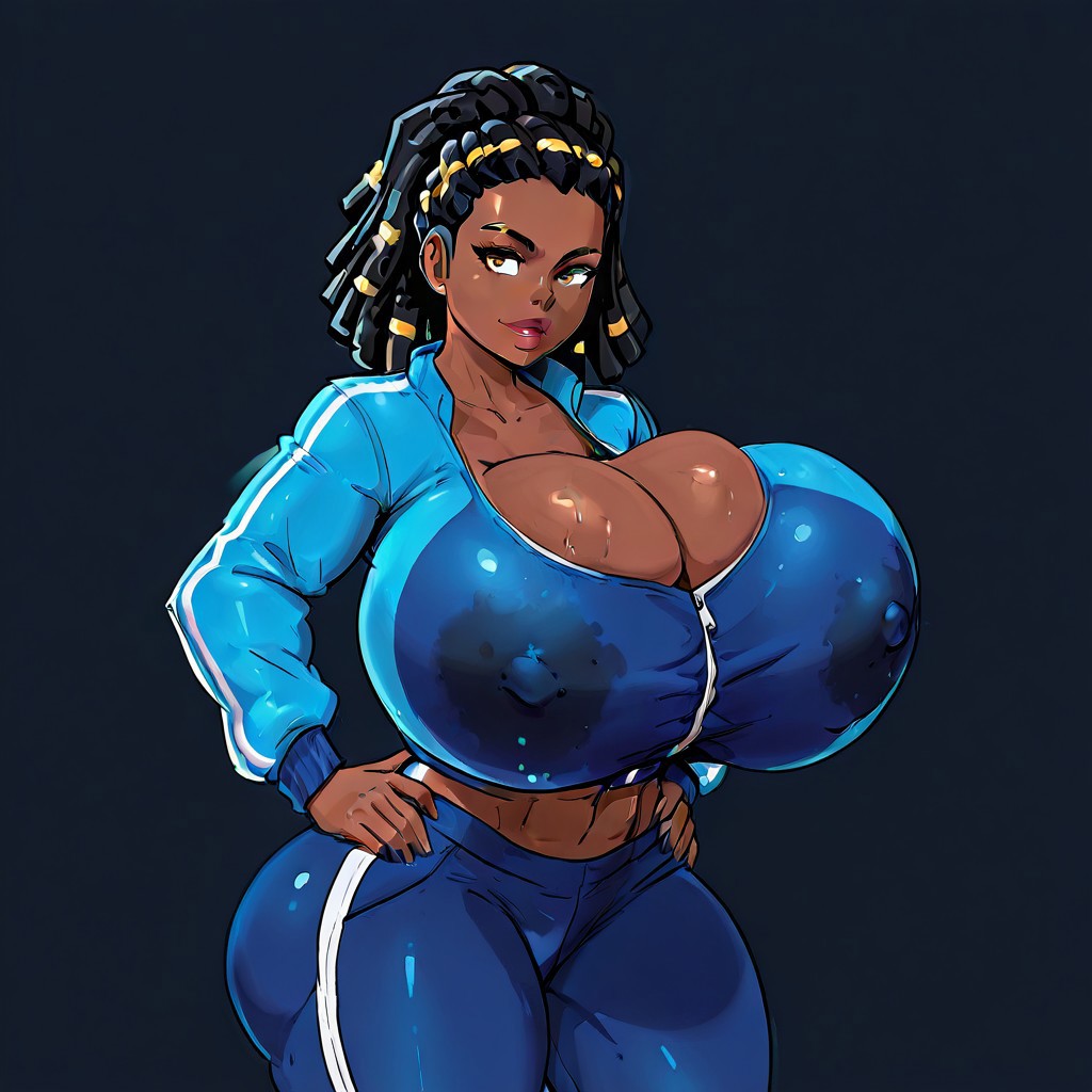 solo, 1girl dark skin, black woman, blue jacket ,bluesports pants, black hair, dreadlocks, huge Breast, Cleavage, bluedno, Santetsu