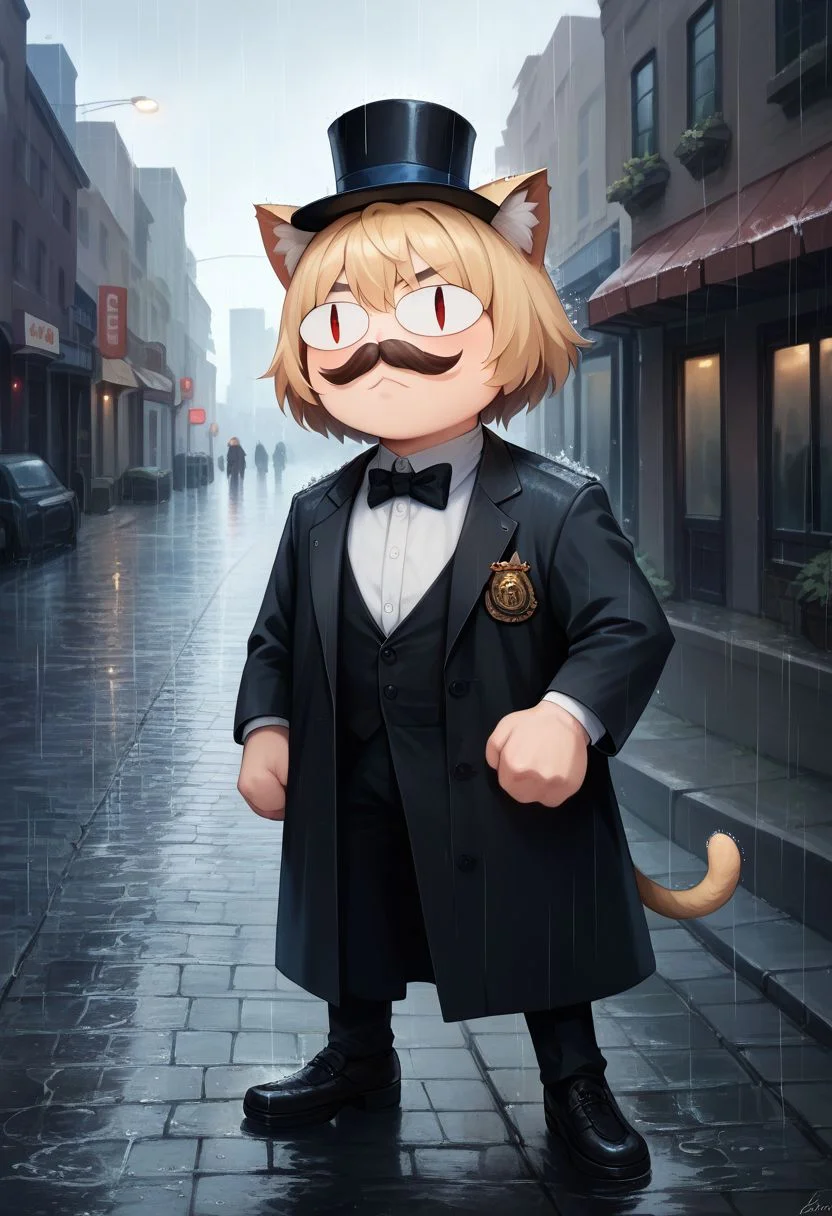 score_9, score_8_up, score_7_up,score_6_up,source_photorealistic,photorealism,professional cinematography,high quality lighting,film grain,blonde hair,skindentation,chibi, 1girl,red eyes, slit pupils, cat ears, :3,solo,necoarc,top hat,moustache,trench coat,outdoors,rainy,rain,city,cobblestone street,gloomy,brick buildings