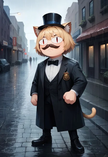 score_9, score_8_up, score_7_up,score_6_up,source_photorealistic,photorealism,professional cinematography,high quality lighting,film grain,blonde hair,skindentation,chibi, 1girl,red eyes, slit pupils, cat ears, :3,solo,necoarc,top hat,moustache,trench coat,outdoors,rainy,rain,city,cobblestone street,gloomy,brick buildings