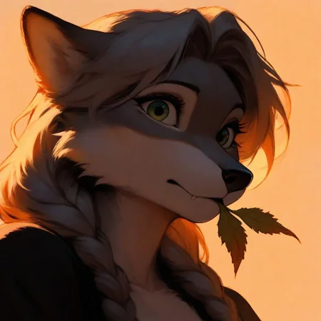 1girl, adult,  furry, anthro, wolf, solo, golden hour, masterpiece, best quality, very aesthetic, close up, gray hair, gray twin braids, green eyes, on fiel, leave in mouth, dandelion leaf