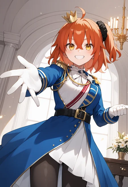 score_9, score_8_up, score_7_up, score_6_up, score_5_up, score_4_up, source_anime, aaritsuka, short hair, orange hair, ahoge, one side up, hair scrunchie, black scrunchie, mini crown, yellow eyes, breasts, epaulettes, aiguillette, white dress, blue jacket, long sleeves, white gloves, black belt, black pantyhose, <lora:fujimaru_ritsuka_ponyxl_v1:0.9>, reaching, smile, standing, cowboy shot, indoors, chandelier,