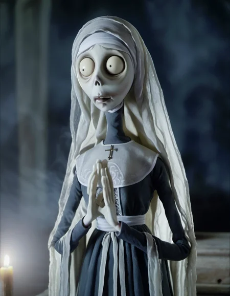 stopmotion, Monachella: Nun-like, Ghostly, Haunting, Veiled, Ethereal, Supernatural, Mourning, Silent. <lora:STOPMO_1.12_RC:0.9>