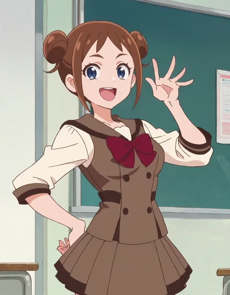 score_9, score_8_up, score_7_up, anime screencap,1girl, solo, double bun, brown hair, blue eyes, hair bun, school uniform, looking at viewer, short hair,brown skirt,jacket, open mouth, smile, cowboy shot,medium breasts,wide hip,<lora:ookuma:0.8>