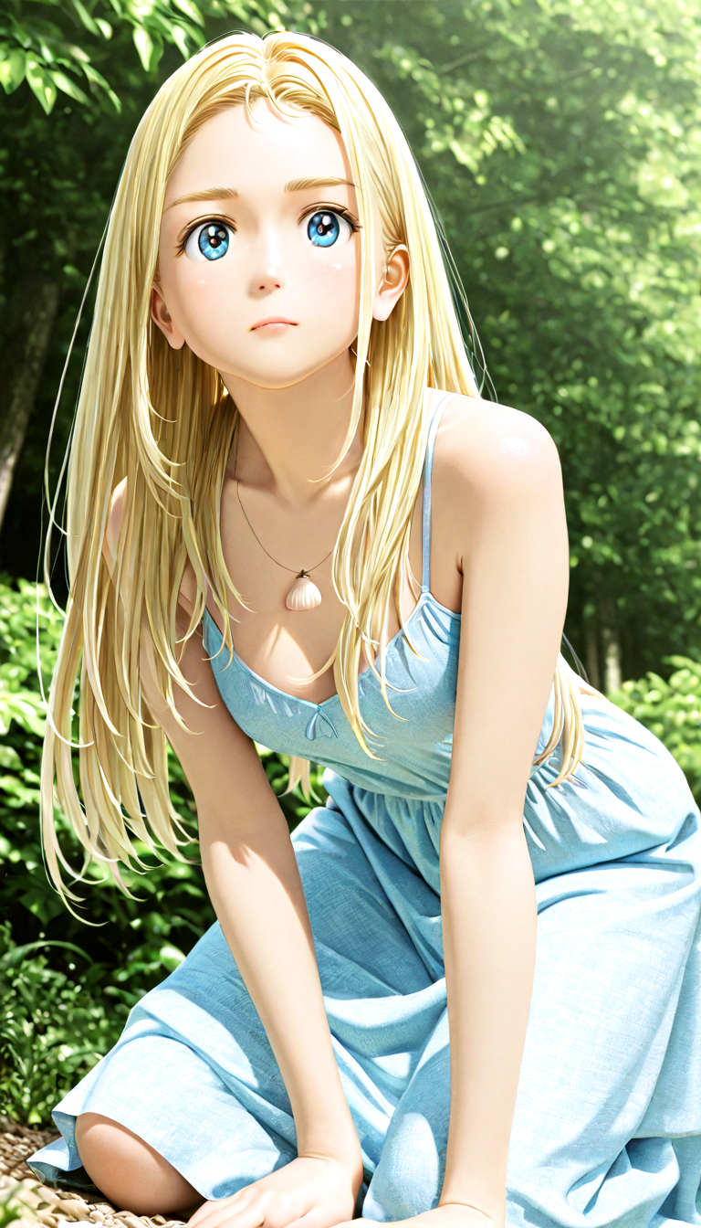 lazypos, masterpiece, best quality, amazing quality, very aesthetic, absurdres, newest, ((dynamic angle:1.4)), (detailed eyes:1.4),((ultra detailed hair:1.4))
BREAK
1girl,solo, blond hair, blue eyes,Silk Hair,(Beautiful shiny blond hair),seashell pendant,<lora:Kofune_Ushio_-_100percent_-_manga:1.1>,
BREAK
dress, (outdoors:1.2), straight-on waist up shot, shock expression, kneeling,