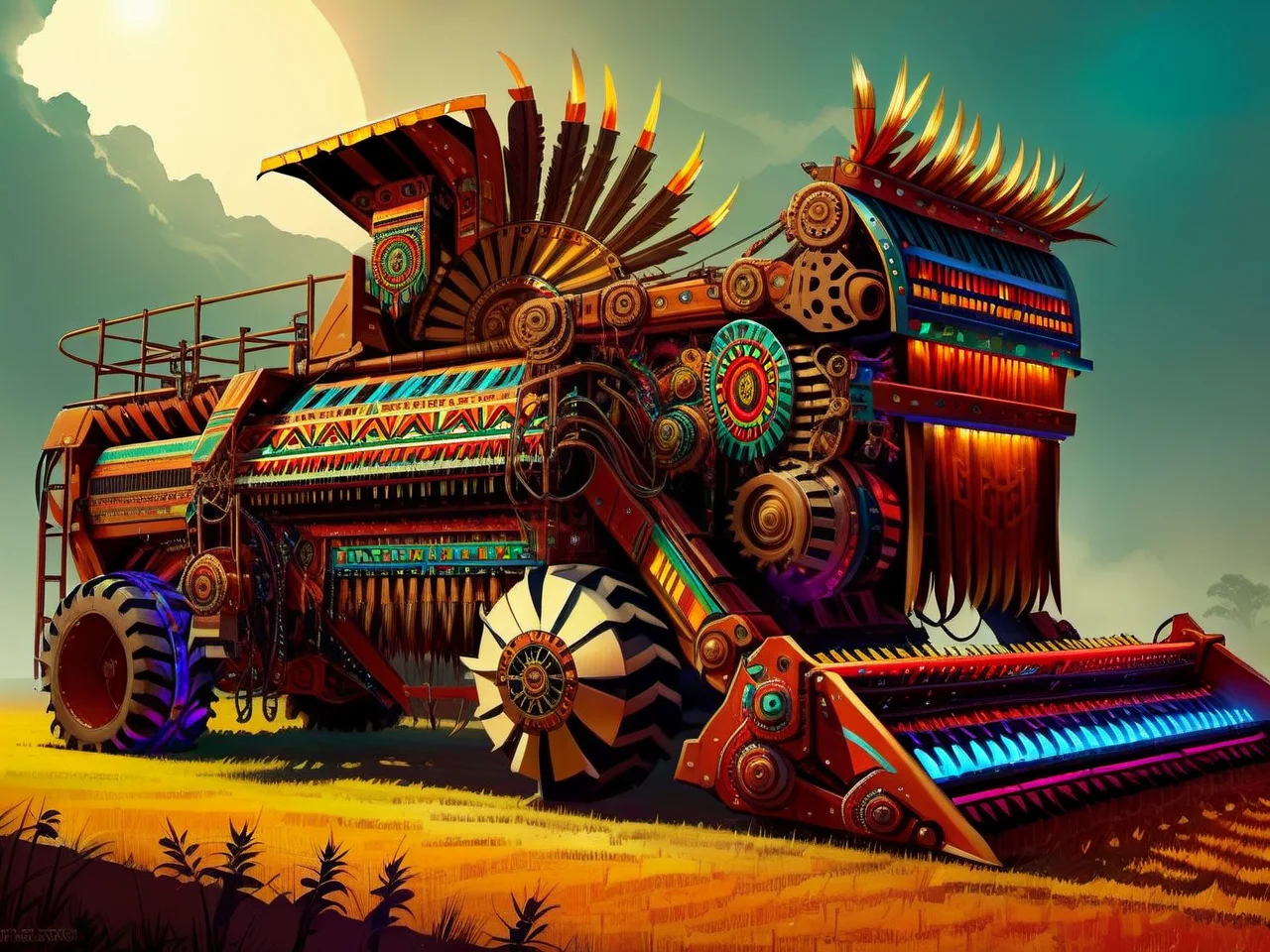 <lora:CulturePunkAI_1Pruned:.9> TotemPunkAI Aztec  combine harvester  Highly detailed, amazing, Impressive lighting, vibrant colors, Ultra Realistic, High quality, Highly detailed, trending on artstation
