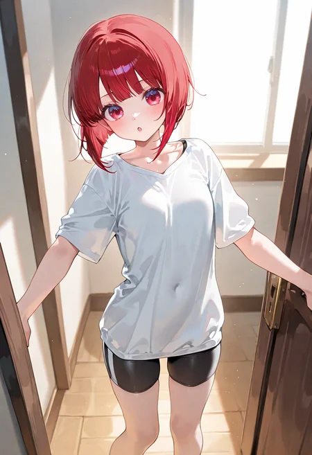 masterpiece, best quality, amazing quality, very aesthetic, newest, general,
solo, arima kana, oshi no ko, red eyes, red hair, short hair, inverted bob, small breasts, :o,
t-shirt, black bike shorts, standing, outstretched arms,
Great Room,
(ningen mame:0.65), (ciloranko:0.7), (signalviolet:0.4), (ebifurya:0.55), (ke-ta:0.5), (toosaka asagi:0.6), (nishiya futoshi:0.3), (zen \(kamuro\):0.55), (ishikei:0.3), <lora:nyalia:0.15>, <lora:dj_sloppa_ill_v2:0.3>,