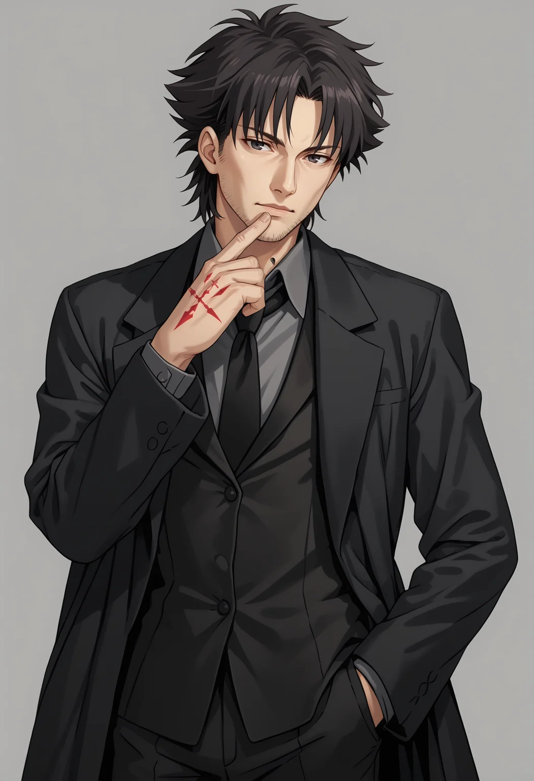 score_9, score_7_up, BREAK, <lora:emiyakiritsuguv1:1>, standing, emiya kiritsugu, black hair, short hair, facial hair, stubble, long coat, black coat, grey shirt, collared shirt, waistcoat, black necktie, black eyes, command spell, hand tattoo, hand up,