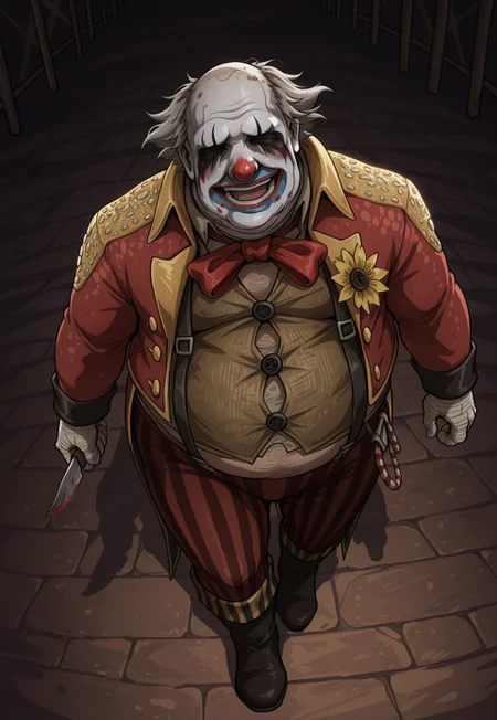 solo, 1boy, c1own, clown, fat, no eyes, painted face, grey hair, red bow, jacket, bandaged gloves, pants, boots, walking towards viewer, holding knife, male focus, circus, laugh, from above, dutch angle,