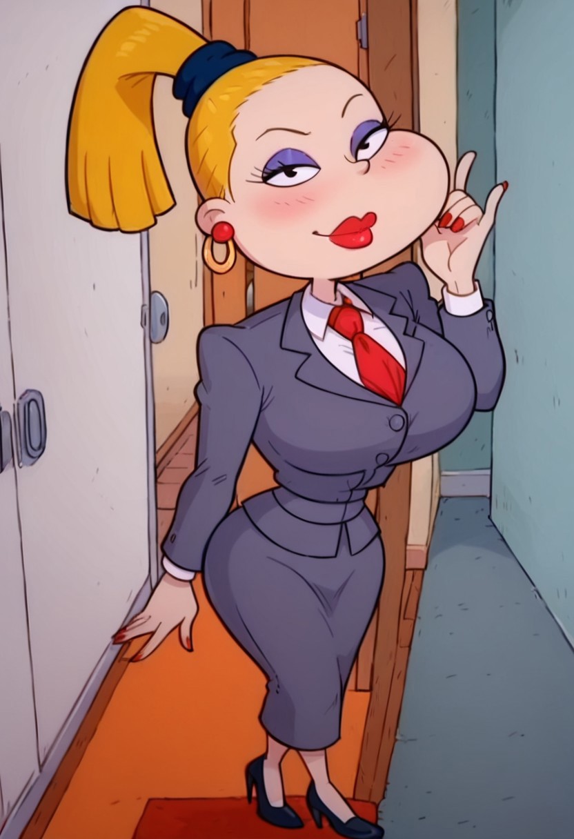 score_9, score_8_up, score_7_up, masterpiece, source_cartoon, source_anime, perfect anatomy, slutty, Expressiveh, BREAK, charlotte_pickles, blonde, ponytail, makeup, lipstick, earrings, suit, gray suit, white blouse, red tie, jacket, skirt, black high heels, BREAK, hot body, curvy, looking up at viewer, under viewer, viewed from above, huge breasts, wide hips, big ass, small waist, fake red nails, long red nails, hoop earrings, blushing, infatuated, bedroom eyes, BREAK, indoors, hallway,