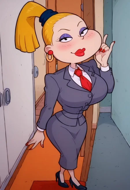 score_9, score_8_up, score_7_up, masterpiece, source_cartoon, source_anime, perfect anatomy, slutty, Expressiveh, BREAK, charlotte_pickles, blonde, ponytail, makeup, lipstick, earrings, suit, gray suit, white blouse, red tie, jacket, skirt, black high heels, BREAK, hot body, curvy, looking up at viewer, under viewer, viewed from above, huge breasts, wide hips, big ass, small waist, fake red nails, long red nails, hoop earrings, blushing, infatuated, bedroom eyes, BREAK, indoors, hallway,
