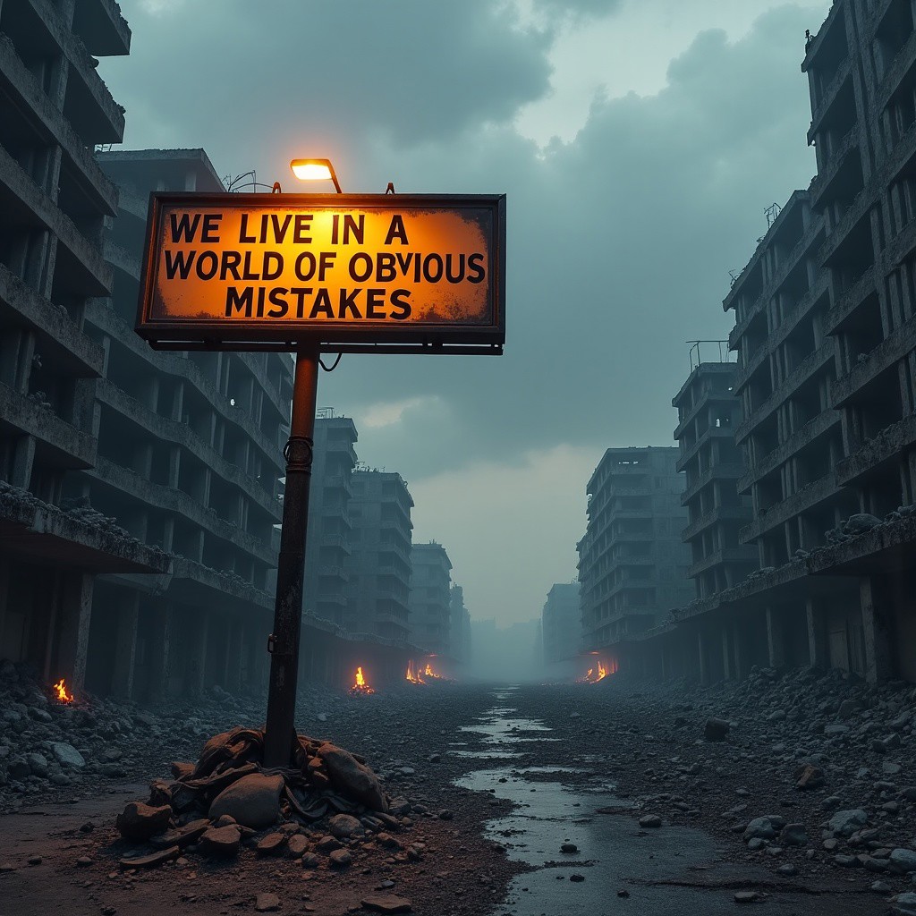 A ruined, post apocalyptic city. Destroyed buildings are blackened from fires. The sky is cloudy and blackened. A light shines from a bent, damaged lamppost onto a fallen billboard sign that says 'we live in a world of obvious mistakes'
Realistic art, photo, realistic, movie, CGI