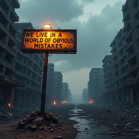 A ruined, post apocalyptic city. Destroyed buildings are blackened from fires. The sky is cloudy and blackened. A light shines from a bent, damaged lamppost onto a fallen billboard sign that says 'we live in a world of obvious mistakes'
Realistic art, photo, realistic, movie, CGI
