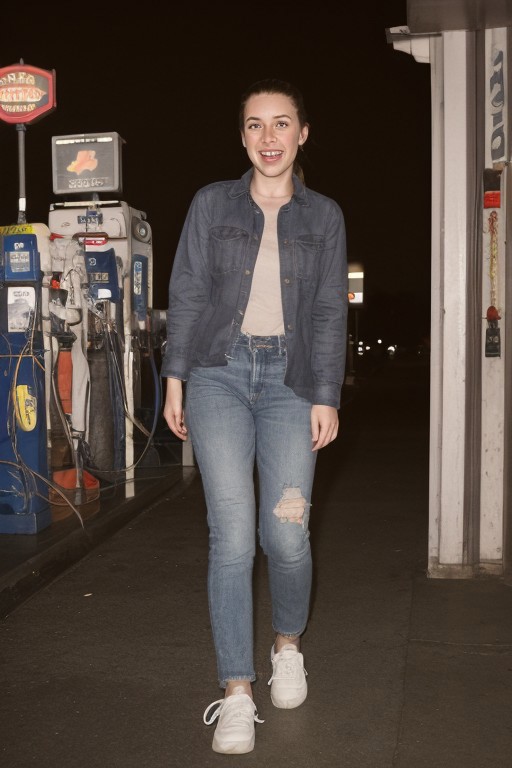 30yo American woman wearing flannel shirt and jeans
Dynamic varying pose.
Gas station. Night time.
Fog.
Dark smooth long hair ponytail. Laughing.
Looking at camera.
Full body.