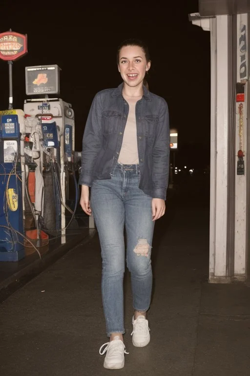 30yo American woman wearing flannel shirt and jeans
Dynamic varying pose.
Gas station. Night time.
Fog.
Dark smooth long hair ponytail. Laughing.
Looking at camera.
Full body.