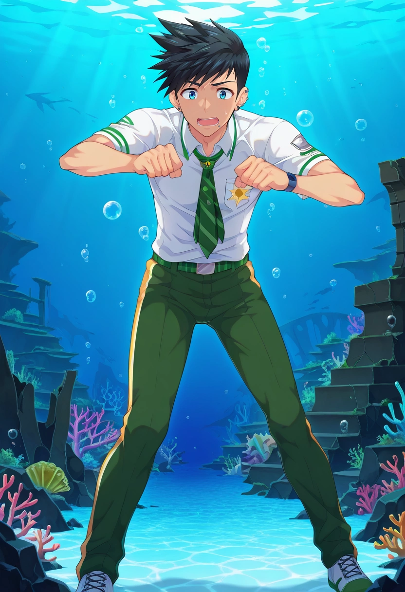 masterpiece, best quality, , anime screencap, , official style, , , 1boy, solo, male focus, <lora:natsumi_hamasaki_ilxl:1>, natsumi_hamasaki, black hair, blue eyes, short hair, uniform, underwater ruins, shell structures, bubble paths, coral growths, investigating pose, fascinated expression, aqua lighting, Dress pants, Herringbone Moss Green Tie-dye Rugby shirt, Brogues, , lip Piercings and