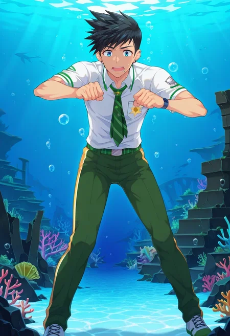 masterpiece, best quality, , anime screencap, , official style, , , 1boy, solo, male focus, <lora:natsumi_hamasaki_ilxl:1>, natsumi_hamasaki, black hair, blue eyes, short hair, uniform, underwater ruins, shell structures, bubble paths, coral growths, investigating pose, fascinated expression, aqua lighting, Dress pants, Herringbone Moss Green Tie-dye Rugby shirt, Brogues, , lip Piercings and